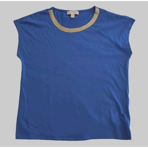 Michael Kors Women's Blue Knit Top Gold Accent Neckline Sleeveless Plus Size 0X - Picture 1 of 11